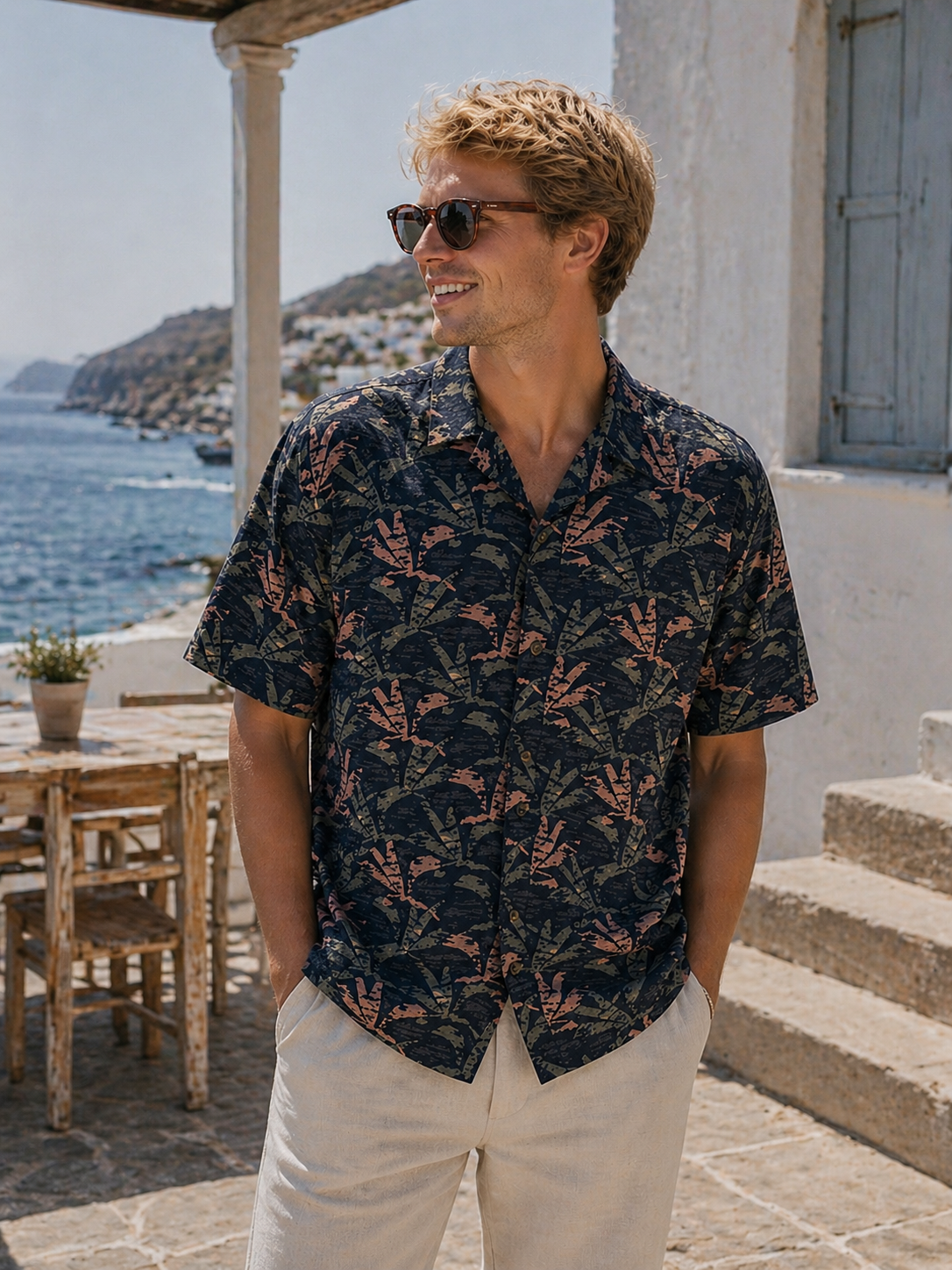 Tom Tailor Herren Hemden kurz Navy Green Palm