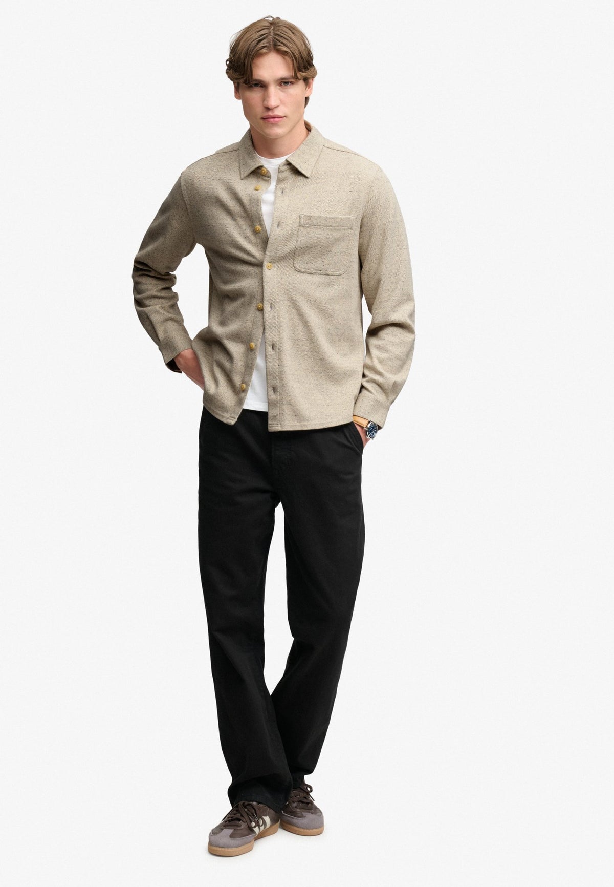 Superdry Herren Hemden lang Oz Ecru Tweed