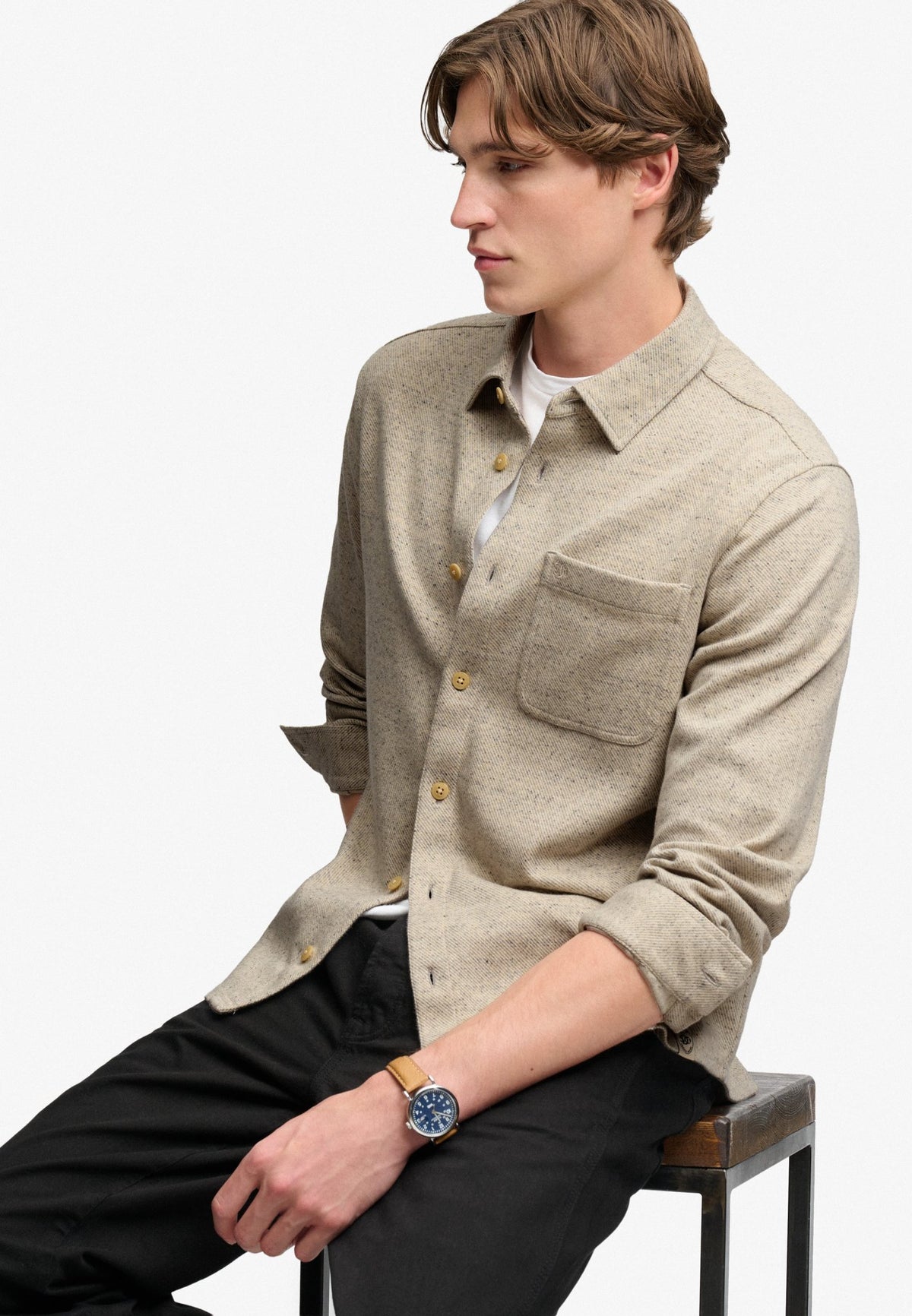 Superdry Herren Hemden lang Oz Ecru Tweed
