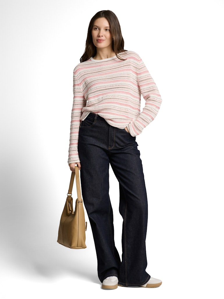 Tom Tailor Damen Pullover Pink Beige Stri